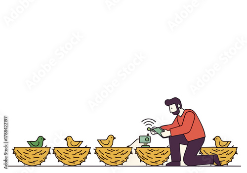 A man troubleshoots baby birds in nests. A charming illustration depicting care and technology. Modern, minimalist style.