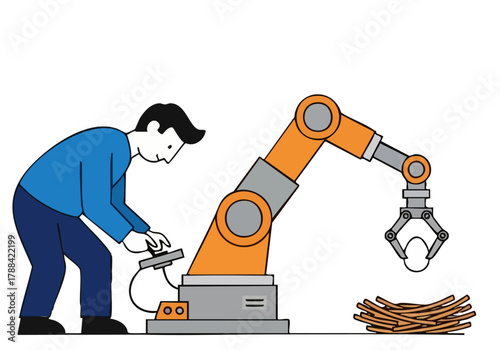A man troubleshoots a robotic arm holding a bird's nest. Modern, clean illustration with orange and blue tones. Focus on technical assistance and automation.