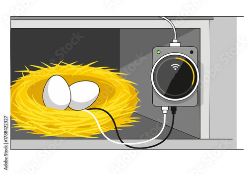 quirky illustration depicts a camera monitoring a nest containing eggs labeled 'Egg Tech Track' The image features a modern tech-focused aesthetic with a dark background and bright accents