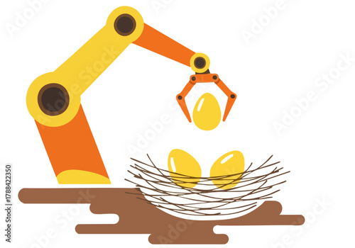 A robotic arm carefully retrieves eggs from a woven nest. ?Active Nest Flow? illustrates automation and natural processes. Clean, modern illustration.