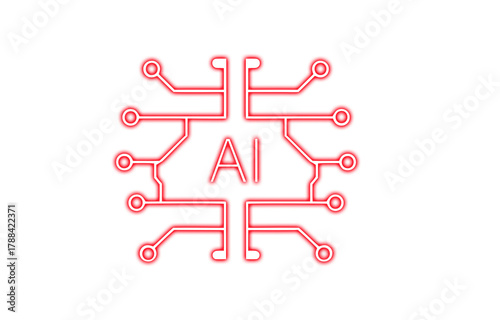 Red AI circuit chip icon symbolizing artificial intelligence, digital processor, and futuristic technology innovation, isolated vector illustration for modern tech and data design concepts.