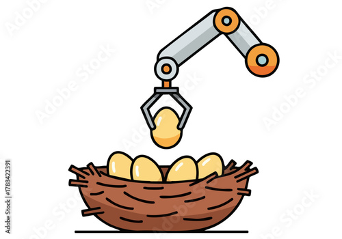 A robotic arm delicately harvests eggs from a nest. Modern illustration style, clean lines, and a pastel background. Suitable for technology, agriculture, and innovation themes.