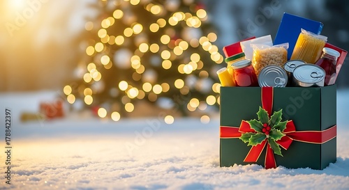 Christmas gift box filled with food items in snow by tree  