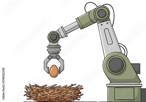 A robotic arm gently picks an egg from a nest.  ?Egg Move Ease? logo. Clean, modern illustration.  Focus on precision and automation.