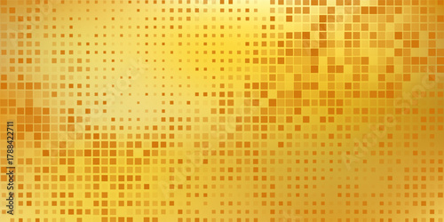Golden disco party pattern. Yellow square sequin mosaic texture background. Abstract gold shining glitter halftone wallpaper. Sparkling glitter backdrop. Retro vector design template