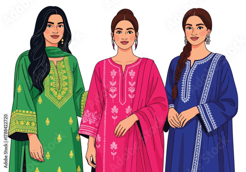 Illustration of Three Women in Traditional Salwar Kameez Outfits with Embroidery