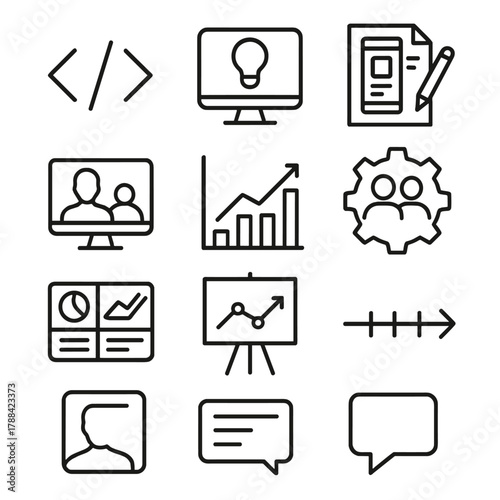 Startup Mentorship Icons. Tech Startup Mentorship linear icon set: code brackets, computer screen, innovation bulb, prototype icon, mentor profile, virtual call, graph chart,