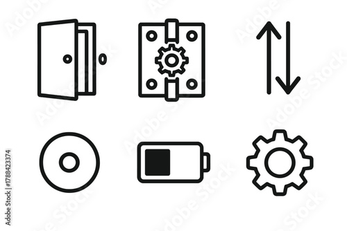 Smart Door Icon Set. Smart Door Control linear icon set: door icon, hinge gear, open-close arrows, LED indicator, battery symbol, settings gear.