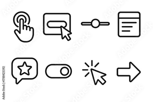 UI Interaction Icons. Interaction Design linear icon set: tap gesture, hover highlight, slider control, dropdown list, user feedback bubble, toggle on/off, click motion, navigation