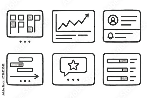 Doodle Work Icons. Work Management Panels outline icons: progress board, report graph, user activity, notification panel, timeline chart, feedback section, performance gauge,