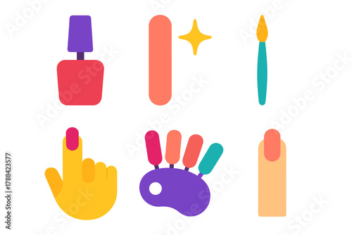 Minimal Nail Art Icons. Nail Art Guides flat icons: nail polish, file, sparkle, brush, color palette, hand icon.