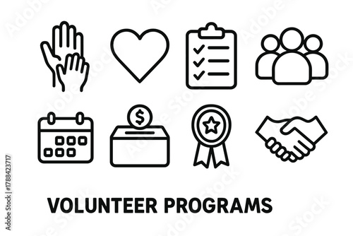 Volunteer Icons Set. Volunteer Programs linear icon set: helping hands, heart icon, clipboard checklist, group of people, calendar, donation box, badge, handshake.