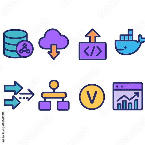 Modern ML Deployment Icons. ML Deployment flat icons: model registry, cloud compute icon, prediction API, docker container, deployment flow, load balancer, version tag, analytics