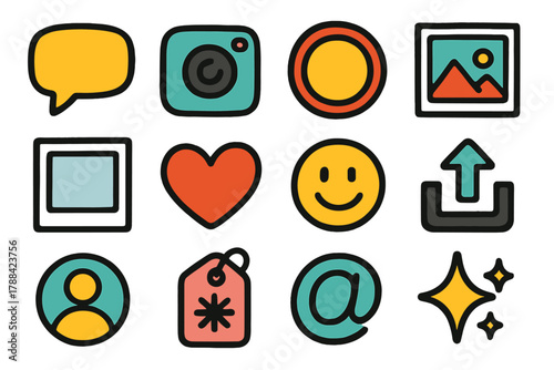 Creative Social Media Icons. Creative Social Communication outline icons: colorful bubble, camera icon, story circle, art post, photo frame, reaction heart, smile emoji, upload