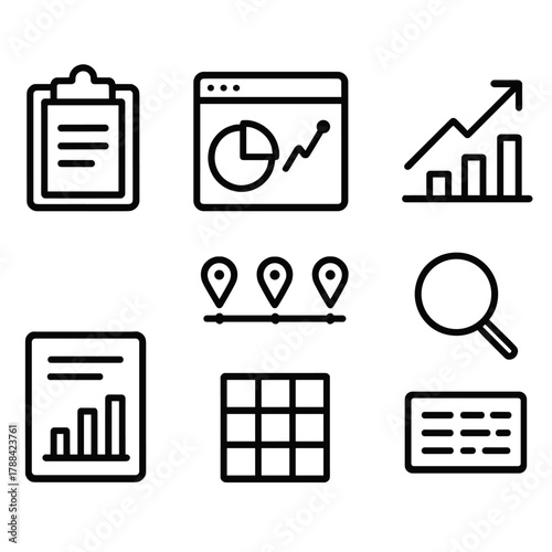 Data Analytics Icons. Visual Reporting linear icon set: clipboard, analytics window, pie and line combo, upward arrow, report sheet, chart markers, data set, magnifying glass.