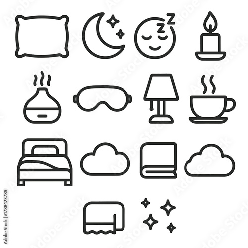 Cozy Sleep Icons. Deep Rest linear icon set: pillow, blanket, moon icon, sleeping face, candle flame, diffuser, eye mask, nightstand lamp, tea cup, stars, cozy bed, calm cloud.