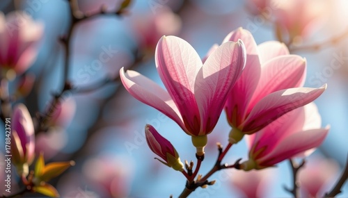 Three delicate magnolia blossoms unfurling in soft spring light, floral, pink