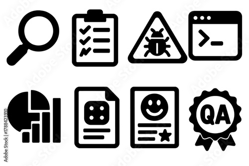 Brutalist QA Icons. Testing & Debugging silhouette icon set: magnifying glass, test checklist, bug alert, console output, progress report, patch note, feedback form, QA badge.