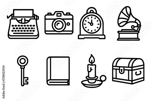 Antique Icon Collection. Antique Collection linear icon set: typewriter, camera, clock, gramophone, key, book, candle, chest.
