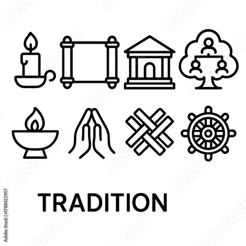 Traditional Icon Set. Tradition Concept linear icon set: candle holder, scroll, heritage building, family tree, ceremonial bowl, cultural symbol, folded hands, woven pattern.