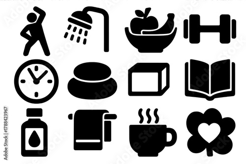 Bold Wellbeing Icons. Wellbeing Routine silhouette icon set: stretching, shower, fruit bowl, dumbbell, clock, meditation cushion, book, essential oil, towel, cup, heart, flower.