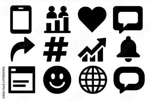 Bold Social Media Icons. Online Social Growth silhouette icon set: smartphone, followers graph, heart icon, comment bubble, share arrow, hashtag, trending arrow, notification bell,