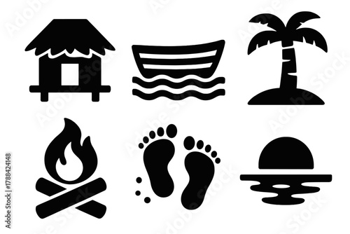 Deserted Island Icons. Deserted Island silhouette icon set: small hut, boat, palm tree, bonfire, footprints in sand, clear horizon.