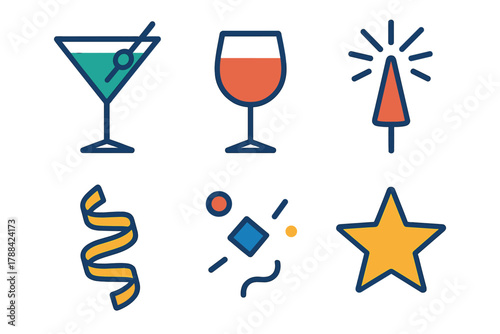 Vibrant Cocktail Icons. Cocktail Celebration flat icons: Martini Glass, Wine Glass, Sparkle, Ribbon, Confetti, Star.