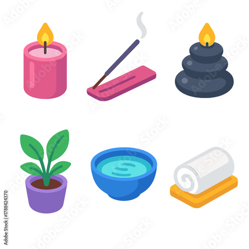 Soothing Relaxation Icons. Soothing Candlelight modern flat icons set: Candle, Incense, Pebbles, Water Bowl, Plant, Towel.