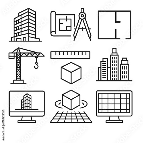 Architectural Essentials Icons. Architectural Modeling linear icon set: building model, blueprint, compass tool, floor plan, crane, ruler, 3D cube, city skyline, hologram, monitor