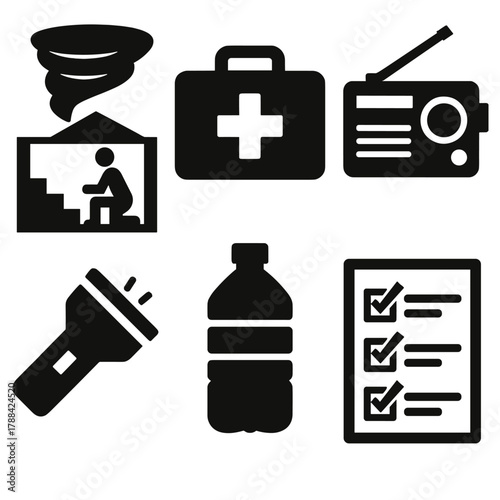 Tornado Safety Icons. Tornado Safety silhouette icon set: basement shelter, first aid kit, emergency radio, flashlight, water bottle, checklist.