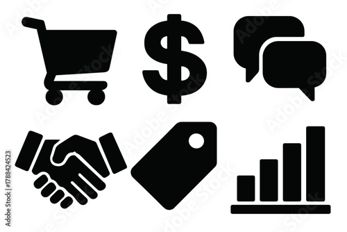 Bold Market Icons. Market bargaining silhouette icon set: shopping cart, dollar sign, chat bubbles, handshake, tag, bar graph.