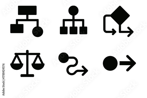 Brutalist Decision Icons. Decision Process silhouette icon set: flowchart, options tree, decision node, evaluation scale, outcome path, result indicator.