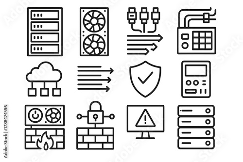 High-Tech Datacenter Elements. Modern Datacenter linear icon set: server racks, cooling fans, network cables, cloud icon, data flow, shield emblem, power supply, secure connection,
