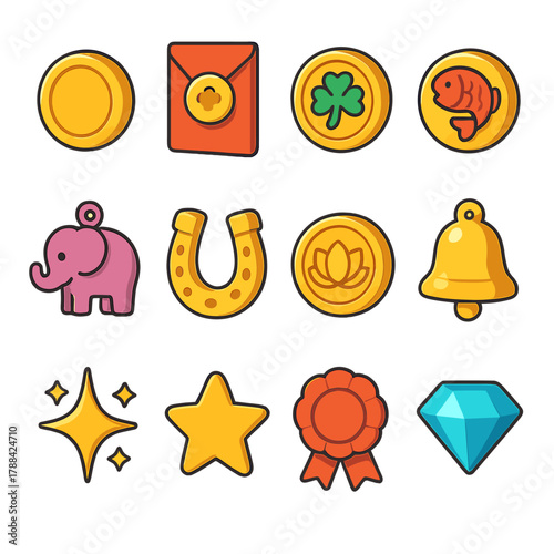 Isometric Lucky Charms. Lucky Coins modern flat icons set: gold coin, red envelope, clover coin, fish coin, elephant charm, horseshoe, lotus coin, bell, sparkle, star, ribbon, gem.