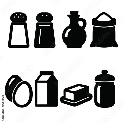 Brutalist Cooking Icons. Cooking Ingredients Essentials silhouette icon set: salt, pepper, oil bottle, flour bag, sugar jar, eggs, milk, butter.