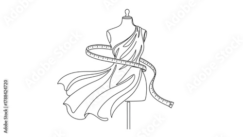 Fashion Design Process — Continuous Black Line Art of Mannequin with Draped Fabric and Measuring Tape on White Background