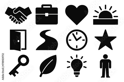 Everyday Courage Icons. Everyday Courage silhouette icon set: handshake, briefcase, heart, sunrise, open door, path, clock, star, key, leaf, light bulb, person standing tall. , .
