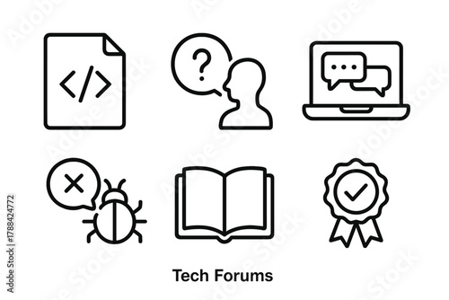 Tech Forum Icons. Tech Forums linear icon set: code snippet, support question, laptop chat screen, bug report, knowledge base icon, solved badge.
