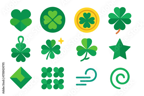Vibrant Clover Icons. Symbolic Clover flat icons: heart clover, circle clover, lucky coin, ribbon, charm, sparkle, leaf swirl, star, gem, pattern, wind line, swirl.