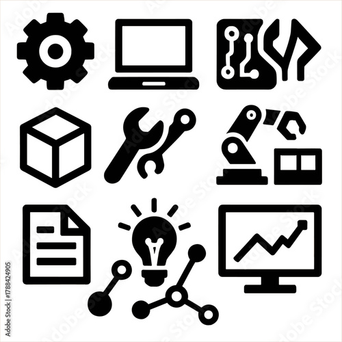 Technical Icons Set. Technical Training silhouette icon set: gear, laptop, circuit board, code brackets, 3D cube, wrench, robot arm, graph chart, document page, light bulb, data