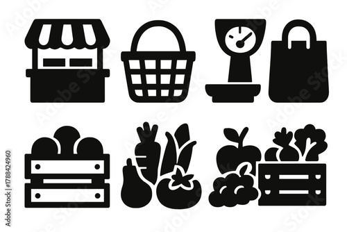 Brutalist Farmers Market Icons. Farmers Market silhouette icon set: stall, basket, scale, bag, signboard, produce box, vegetables, fruit.