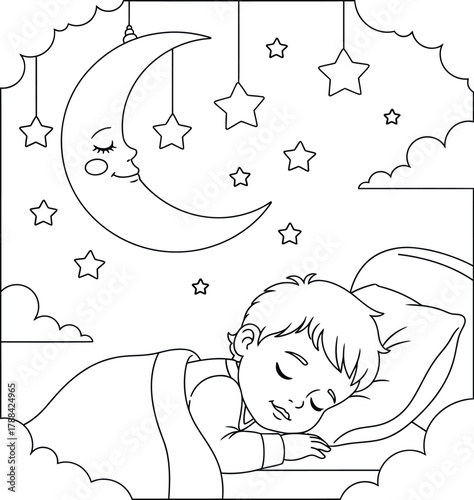 Sleeping Child Under Moon and Stars Coloring Page