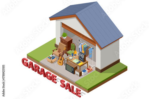 Isometric illustration of a garage sale inside a house garage with furniture, clothes, electronics, and decorative items. Concept of home clearance and resale.