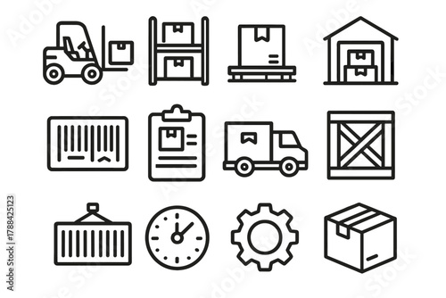Warehouse Icon Set. Warehouse Loading linear icon set: forklift, shelf, pallet, box, warehouse, barcode, clipboard, truck, crate, container, clock, gear.