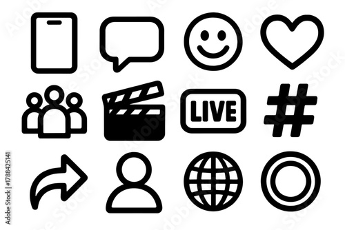 Bold Social Icons. Social Virtual Space silhouette icon set: smartphone, chat bubble, emoji face, heart icon, followers group, video reel, live badge, hashtag, share arrow, avatar