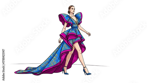 Fashion Show Catwalk — Minimal Black Line and Colorful Art of Model in Designer Dress Walking Gracefully on White Background