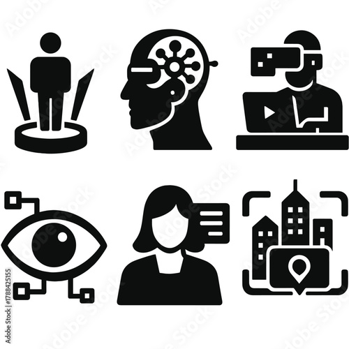Futuristic AR Icons. Future AR Concepts silhouette icon set: holographic projection, neural AR implant, mixed reality workspace, AR contact lens, virtual assistant overlay, smart