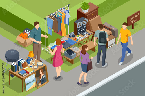 Isometric illustration of people buying and selling items at a garage sale. Concept of community trade, thrift shopping, and secondhand economy.