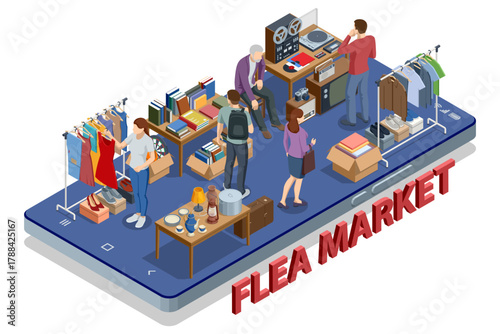 Flea Market Online, Isometric illustration of an online flea market with people shopping for vintage goods through mobile platform. Concept of digital resale and reuse